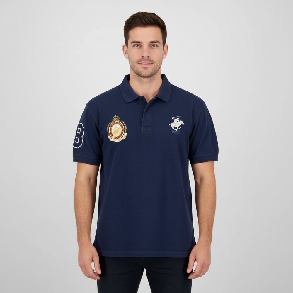Beverly Hills Polo Club Men’s Rugby Polo Shirt Navy‎ Red Embroidered XL